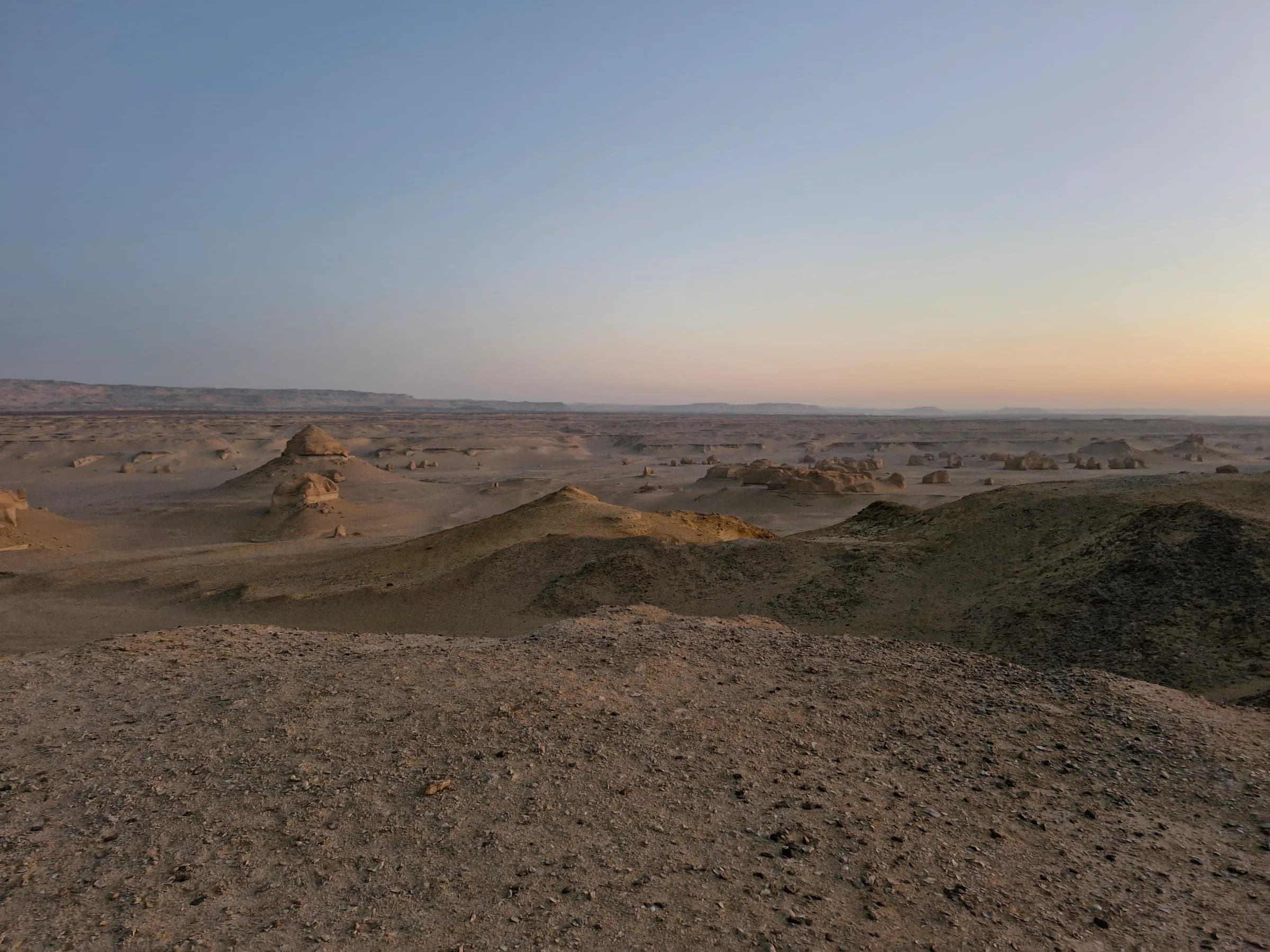 Expansive desert with many weathered rock formations and rolling sand hills under a gradient sky at dawn.